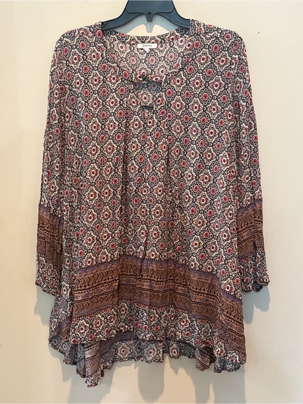 JODIFL Multi-Color Floral Boho Dress with Brown Trim